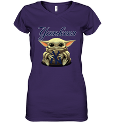 Baby Yoda Hugs Loves The New York Yankees Baseball Womens V-Neck T-Shirt Womens V-Neck T-Shirt - VeigarTee