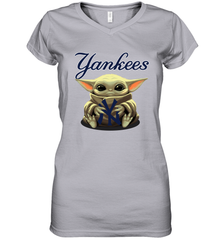 Baby Yoda Hugs Loves The New York Yankees Baseball Womens V-Neck T-Shirt Womens V-Neck T-Shirt - VeigarTee