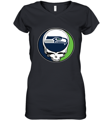 Seattle Seahawks Grateful Dead Steal Your Face NFL Football Womens V-Neck T-Shirt Womens V-Neck T-Shirt / Black / S Womens V-Neck T-Shirt - VeigarTee