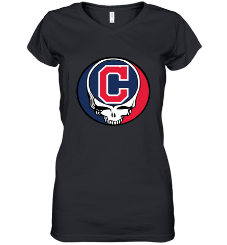 Cleveland Indians Grateful Dead Steal Your Face Baseball Womens V-Neck T-Shirt Womens V-Neck T-Shirt / Black / S Womens V-Neck T-Shirt - VeigarTee