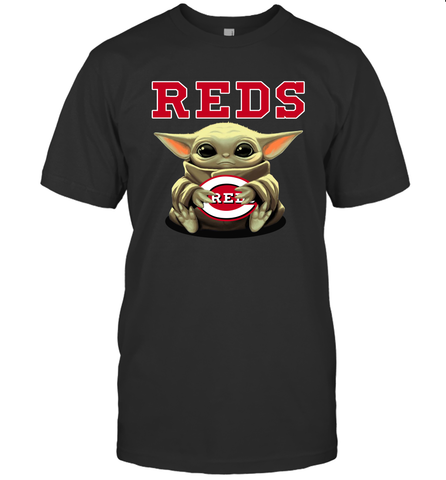 Baby Yoda Hugs Loves The Cincinnati Reds Baseball Mens T-Shirt Mens T-Shirt / Black / S Mens T-Shirt - VeigarTee