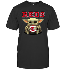 Baby Yoda Hugs Loves The Cincinnati Reds Baseball Mens T-Shirt Mens T-Shirt - VeigarTee