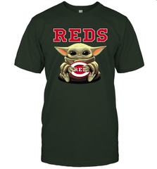 Baby Yoda Hugs Loves The Cincinnati Reds Baseball Mens T-Shirt Mens T-Shirt - VeigarTee