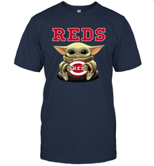 Baby Yoda Hugs Loves The Cincinnati Reds Baseball Mens T-Shirt Mens T-Shirt - VeigarTee
