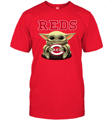 Baby Yoda Hugs Loves The Cincinnati Reds Baseball Mens T-Shirt Mens T-Shirt - VeigarTee