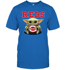 Baby Yoda Hugs Loves The Cincinnati Reds Baseball Mens T-Shirt Mens T-Shirt - VeigarTee