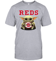 Baby Yoda Hugs Loves The Cincinnati Reds Baseball Mens T-Shirt Mens T-Shirt - VeigarTee