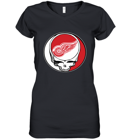 Detroit Red Wings Grateful Dead Steal Your Face Hockey NHL Womens V-Neck T-Shirt Womens V-Neck T-Shirt / Black / S Womens V-Neck T-Shirt - VeigarTee