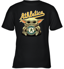 Baby Yoda Hugs Loves The Oakland Athletics Baseball Youth T-Shirt Youth T-Shirt - VeigarTee
