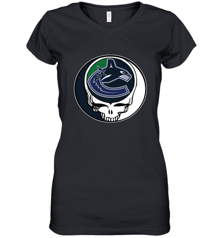 Vancouver Canucks Grateful Dead Steal Your Face Hockey NHL Womens V-Neck T-Shirt Womens V-Neck T-Shirt / Black / S Womens V-Neck T-Shirt - VeigarTee