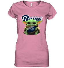 Baby Yoda Loves The Los Angeles Rams Star Wars Baby Yoda Hugs Rams NFL Womens V-Neck T-Shirt Womens V-Neck T-Shirt - VeigarTee