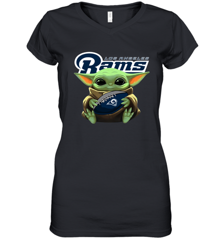 Baby Yoda Loves The Los Angeles Rams Star Wars Baby Yoda Hugs Rams NFL Womens V-Neck T-Shirt Womens V-Neck T-Shirt / Black / S Womens V-Neck T-Shirt - VeigarTee