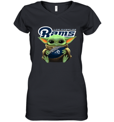 Baby Yoda Loves The Los Angeles Rams Star Wars Baby Yoda Hugs Rams NFL Womens V-Neck T-Shirt Womens V-Neck T-Shirt - VeigarTee