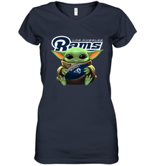 Baby Yoda Loves The Los Angeles Rams Star Wars Baby Yoda Hugs Rams NFL Womens V-Neck T-Shirt Womens V-Neck T-Shirt - VeigarTee