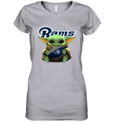 Baby Yoda Loves The Los Angeles Rams Star Wars Baby Yoda Hugs Rams NFL Womens V-Neck T-Shirt Womens V-Neck T-Shirt - VeigarTee