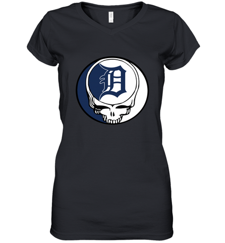 Detroit Tigers Grateful Dead Steal Your Face Baseball Womens V-Neck T-Shirt Womens V-Neck T-Shirt / Black / S Womens V-Neck T-Shirt - VeigarTee