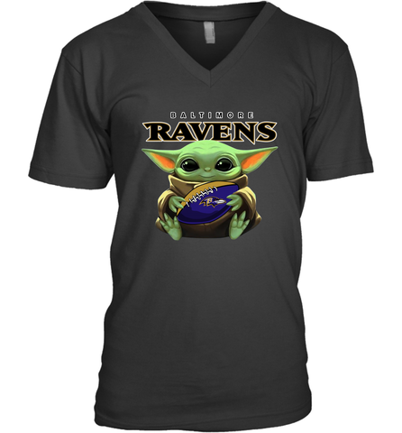 Baby Yoda Loves The Baltimore Ravens Star Wars Baby Yoda Hugs Ravens NFL Mens V-Neck T-Shirt Mens V-Neck T-Shirt / Black / S Mens V-Neck T-Shirt - VeigarTee