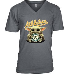 Baby Yoda Hugs Loves The Oakland Athletics Baseball Mens V-Neck T-Shirt Mens V-Neck T-Shirt - VeigarTee