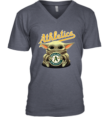 Baby Yoda Hugs Loves The Oakland Athletics Baseball Mens V-Neck T-Shirt Mens V-Neck T-Shirt - VeigarTee