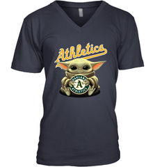 Baby Yoda Hugs Loves The Oakland Athletics Baseball Mens V-Neck T-Shirt Mens V-Neck T-Shirt - VeigarTee