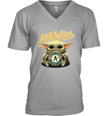 Baby Yoda Hugs Loves The Oakland Athletics Baseball Mens V-Neck T-Shirt Mens V-Neck T-Shirt - VeigarTee