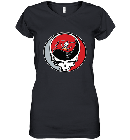 Tampa Bay Buccaneers Grateful Dead Steal Your Face NFL Football Womens V-Neck T-Shirt Womens V-Neck T-Shirt / Black / S Womens V-Neck T-Shirt - VeigarTee