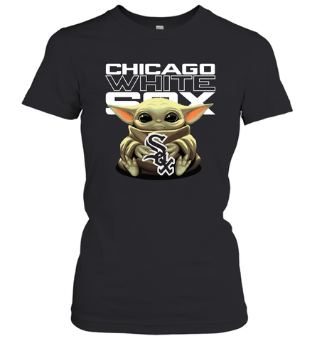 Baby Yoda Hugs Loves The Chicago White Sox Baseball Womens T-Shirt Womens T-Shirt / Black / XS Womens T-Shirt - VeigarTee