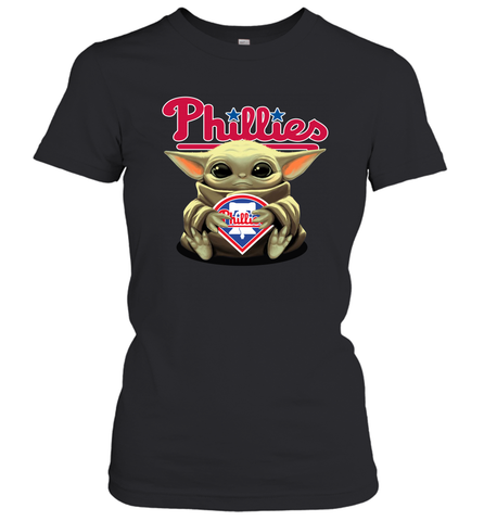 Baby Yoda Hugs Loves The Philadelphia Phillies Baseball Womens T-Shirt Womens T-Shirt / Black / XS Womens T-Shirt - VeigarTee