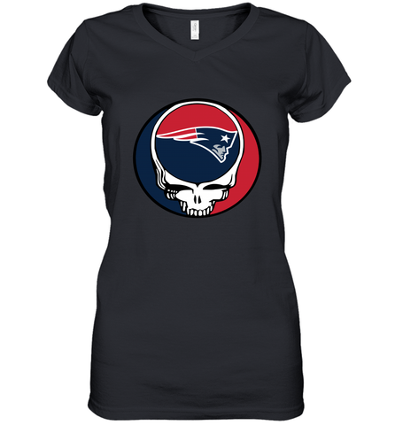 New England Patriots Grateful Dead Steal Your Face NFL Football Womens V-Neck T-Shirt Womens V-Neck T-Shirt / Black / S Womens V-Neck T-Shirt - VeigarTee