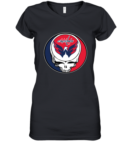 Washington Capitals Grateful Dead Steal Your Face Hockey NHL Womens V-Neck T-Shirt Womens V-Neck T-Shirt / Black / S Womens V-Neck T-Shirt - VeigarTee