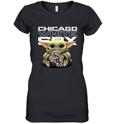 Baby Yoda Hugs Loves The Chicago White Sox Baseball Womens V-Neck T-Shirt