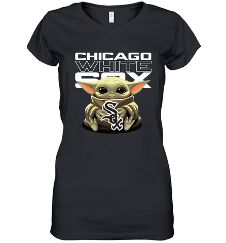 Baby Yoda Hugs Loves The Chicago White Sox Baseball Womens V-Neck T-Shirt Womens V-Neck T-Shirt / Black / S Womens V-Neck T-Shirt - VeigarTee