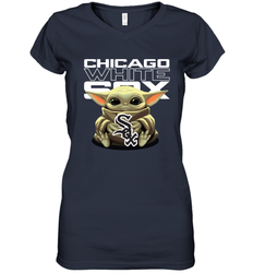 Baby Yoda Hugs Loves The Chicago White Sox Baseball Womens V-Neck T-Shirt