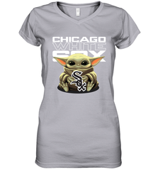 Baby Yoda Hugs Loves The Chicago White Sox Baseball Womens V-Neck T-Shirt Womens V-Neck T-Shirt - VeigarTee