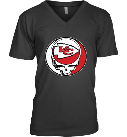 Kansas City Chiefs Grateful Dead Steal Your Face NFL Football Mens V-Neck T-Shirt Mens V-Neck T-Shirt / Black / S Mens V-Neck T-Shirt - VeigarTee