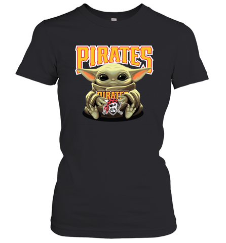 Baby Yoda Hugs Loves The Pittsburgh Pirates Baseball Womens T-Shirt Womens T-Shirt / Black / XS Womens T-Shirt - VeigarTee