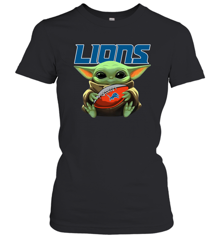 Baby Yoda Loves The Detroit Lions Star Wars Baby Yoda Hugs Lions NFL Womens T-Shirt Womens T-Shirt / Black / XS Womens T-Shirt - VeigarTee