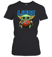 Baby Yoda Loves The Detroit Lions Star Wars Baby Yoda Hugs Lions NFL Womens T-Shirt Womens T-Shirt - VeigarTee