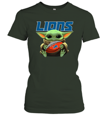Baby Yoda Loves The Detroit Lions Star Wars Baby Yoda Hugs Lions NFL Womens T-Shirt Womens T-Shirt - VeigarTee