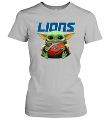 Baby Yoda Loves The Detroit Lions Star Wars Baby Yoda Hugs Lions NFL Womens T-Shirt Womens T-Shirt - VeigarTee
