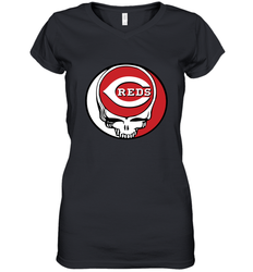 Cincinnati Reds Grateful Dead Steal Your Face Baseball Womens V-Neck T-Shirt