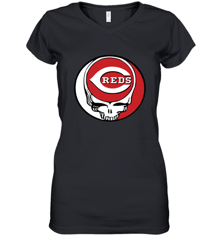 Cincinnati Reds Grateful Dead Steal Your Face Baseball Womens V-Neck T-Shirt Womens V-Neck T-Shirt / Black / S Womens V-Neck T-Shirt - VeigarTee