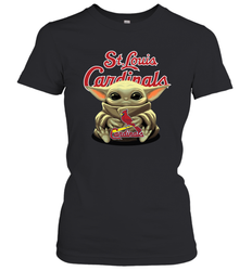 Baby Yoda Hugs Loves The St Louis Cardinals Baseball Womens T-Shirt