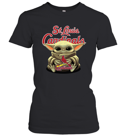 Baby Yoda Hugs Loves The St Louis Cardinals Baseball Womens T-Shirt Womens T-Shirt / Black / XS Womens T-Shirt - VeigarTee