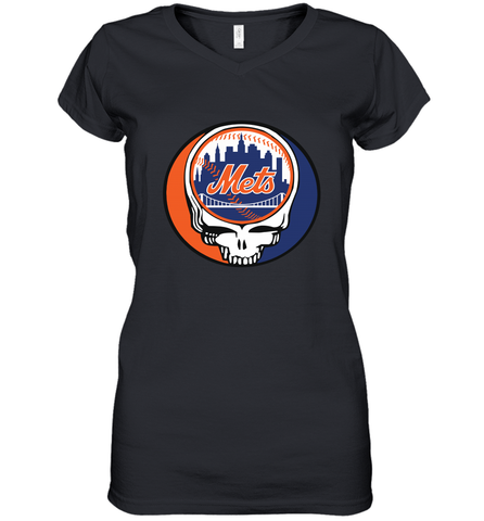 New York Mets Grateful Dead Steal Your Face Baseball Womens V-Neck T-Shirt Womens V-Neck T-Shirt / Black / S Womens V-Neck T-Shirt - VeigarTee