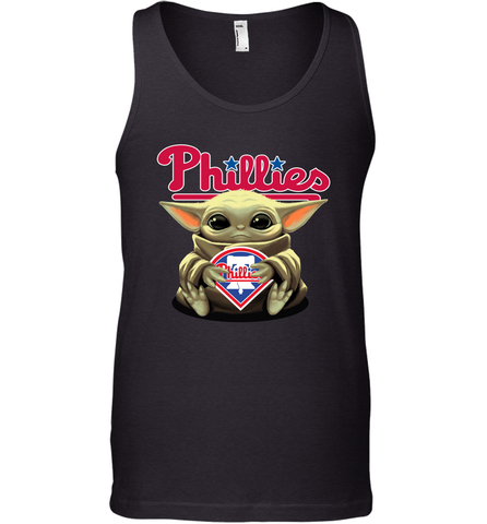Baby Yoda Hugs Loves The Philadelphia Phillies Baseball Mens Tank Top Mens Tank Top / Black / XS Mens Tank Top - VeigarTee