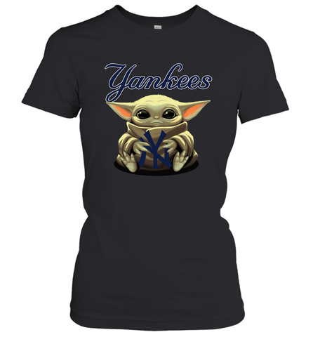 Baby Yoda Hugs Loves The New York Yankees Baseball Womens T-Shirt Womens T-Shirt / Black / XS Womens T-Shirt - VeigarTee