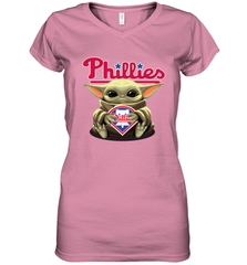 Baby Yoda Hugs Loves The Philadelphia Phillies Baseball Womens V-Neck T-Shirt Womens V-Neck T-Shirt - VeigarTee