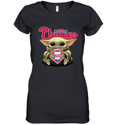 Baby Yoda Hugs Loves The Philadelphia Phillies Baseball Womens V-Neck T-Shirt