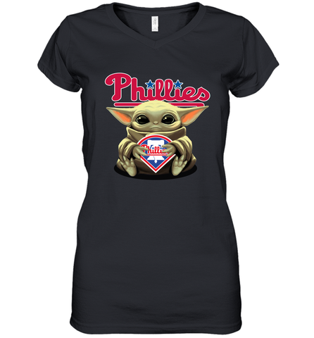Baby Yoda Hugs Loves The Philadelphia Phillies Baseball Womens V-Neck T-Shirt Womens V-Neck T-Shirt / Black / S Womens V-Neck T-Shirt - VeigarTee